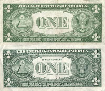 Notice the difference: The motto “In God We Trust” does not appear on the 1935 dollar bill (top). The phrase only began appearing in the late 1950s.